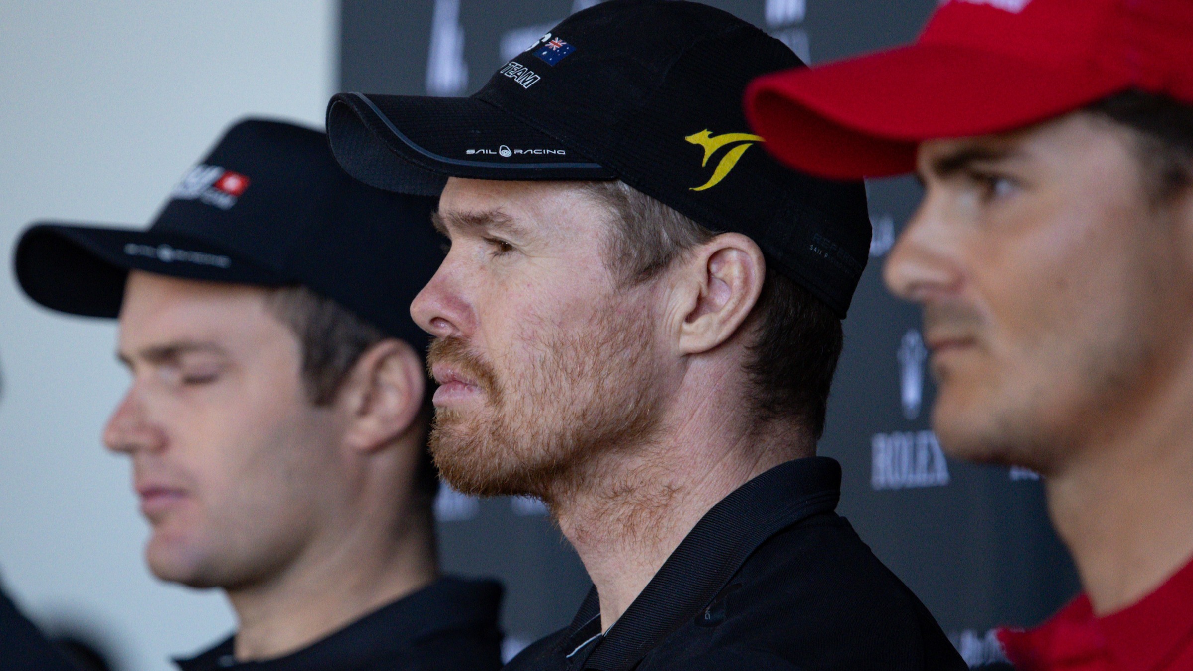 Season 4 // Tom Slingsby with Diego Botin and Sebastien Schneiter at Abu Dhabi press conference 