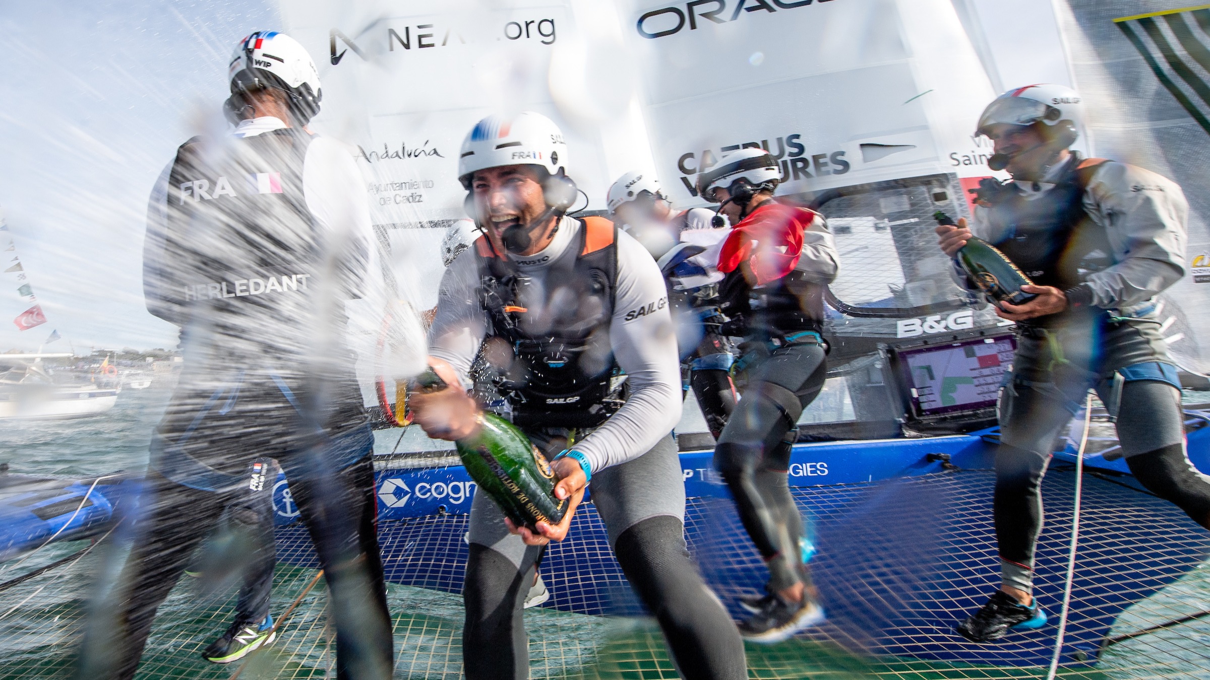Season 3 // Spain Sail Grand Prix // France spray champagne on board F50 