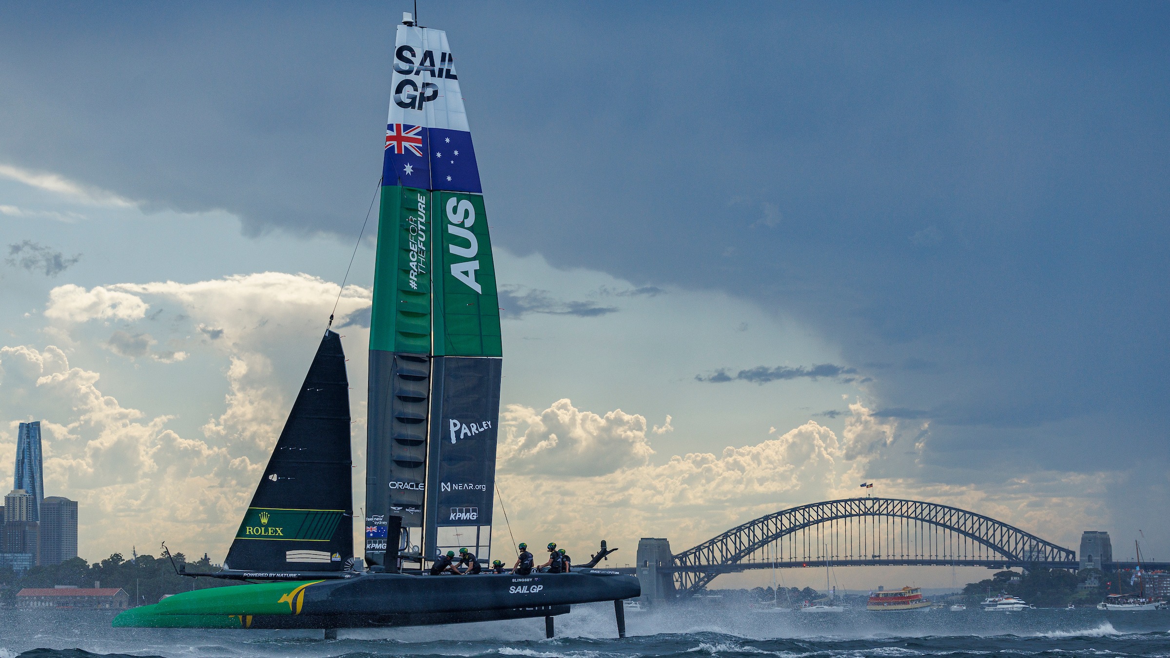 Season 3 // Australia Sail Grand Prix // Australia foiling against Sydney backdrop