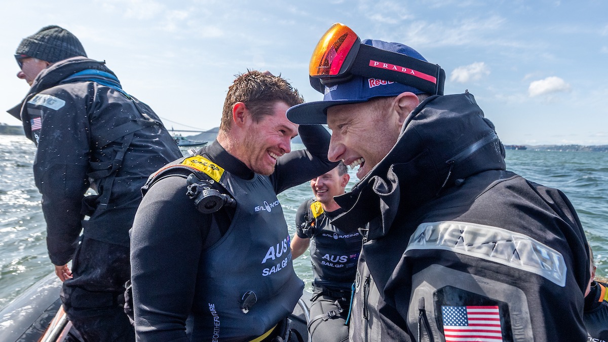 Season 4 // U.S. driver Jimmy Spithill laughs with Australia driver Tom Slingsby on chase boat 