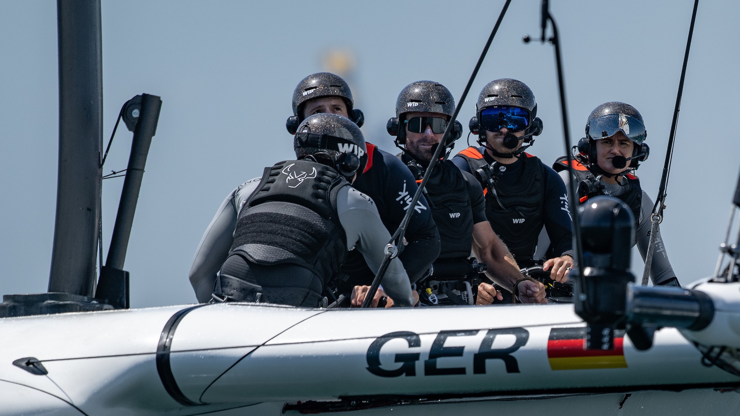 Season 4 // Los Angeles Sail Grand Prix // Close up of German crew in practice 