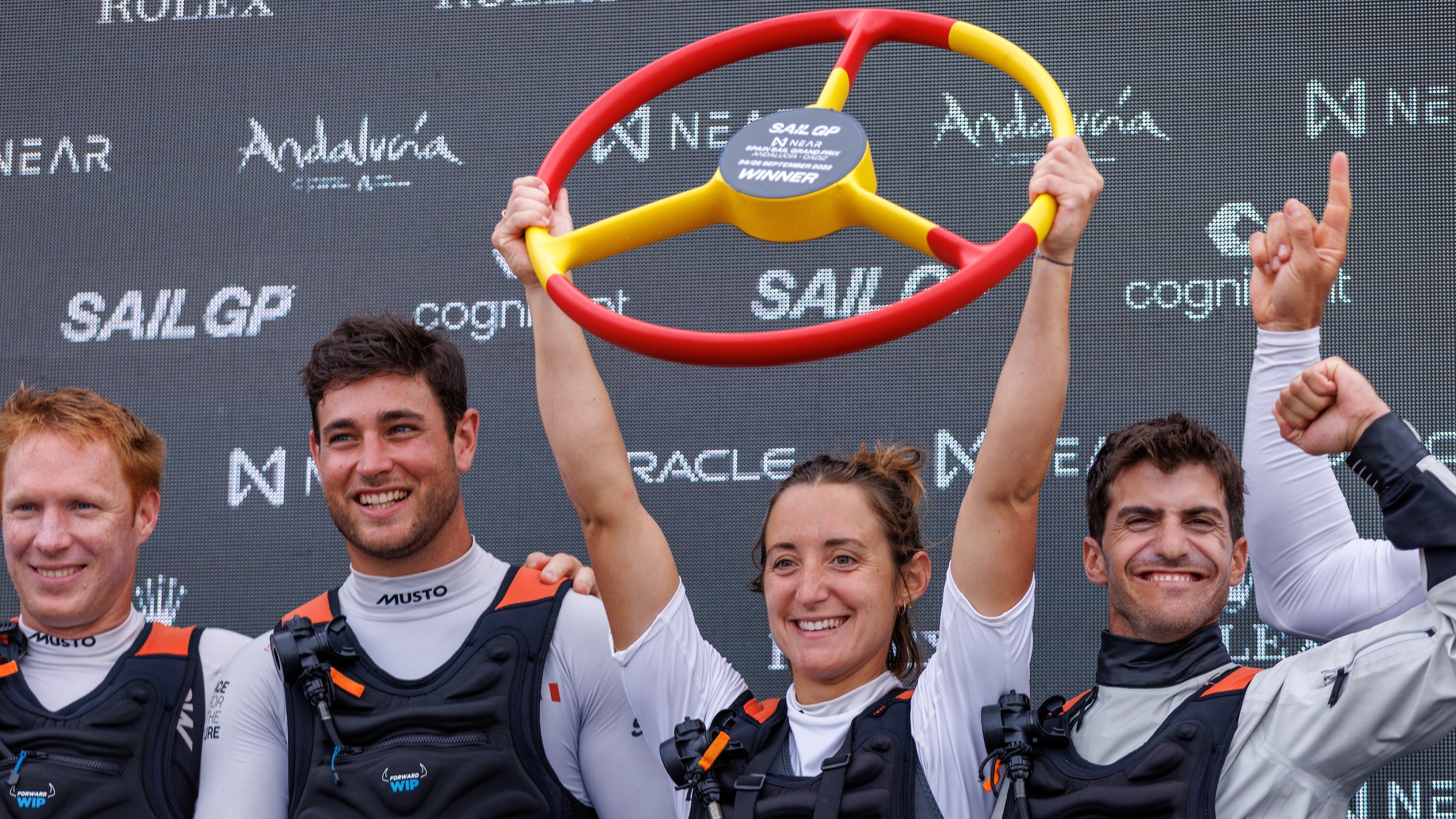 Season 3 // Spain Sail Grand Prix // Manon Audinet celebrates with France SailGP Team