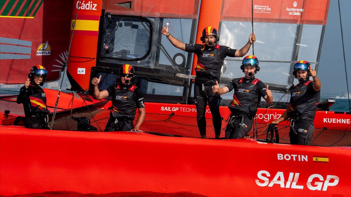 Season 4 // Close up of Spanish crew on board Spain SailGP Team F50 in Spain 