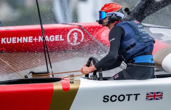 Emirates GBR Driver Giles Scott handles foiling  F50 for the first time in Sydney