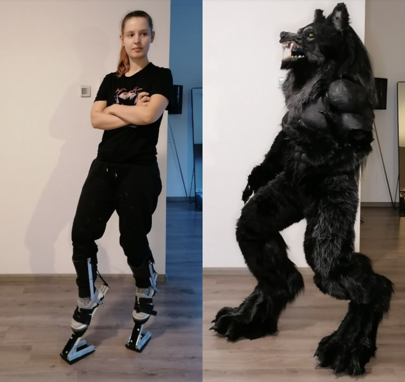 The stilts in the werewolf costume are made from the same extruded aluminium that Merel used to extend her printer