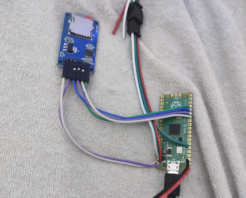 The SD card module is connected to Raspberry Pi Pico via the SPI port