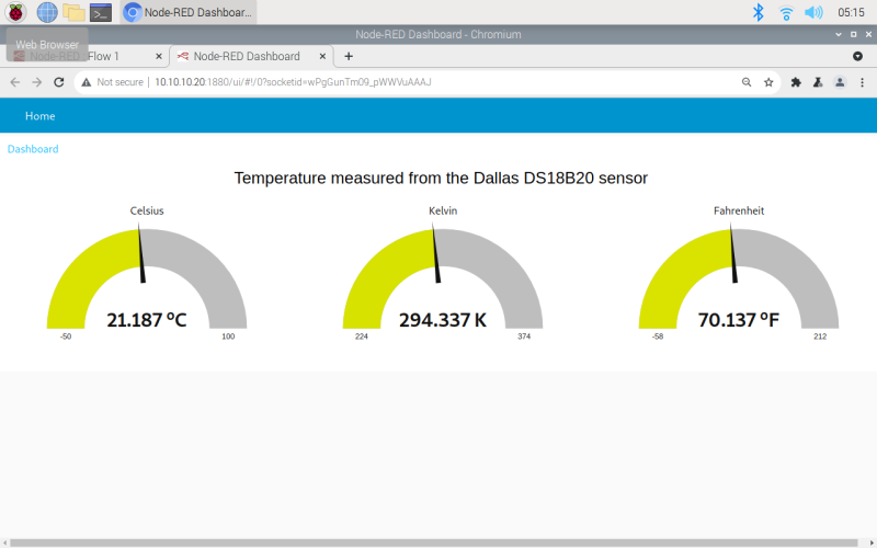 The browser-based dashboard for the example temperature sensor Node-RED program has gauges 
for three measurement units