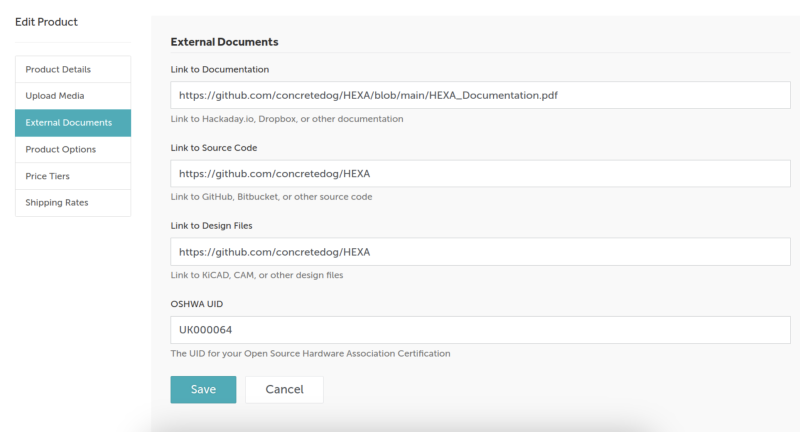 Figure 1: Among the details you can add to a Tindie product description you can add links to design files and show your OSHWA certification number if you have one