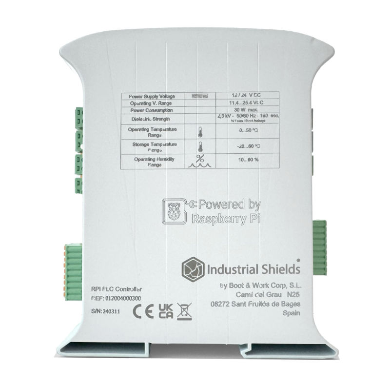 The top of the robust housing includes technical information; the rear of the unit can be mounted on a DIN rail