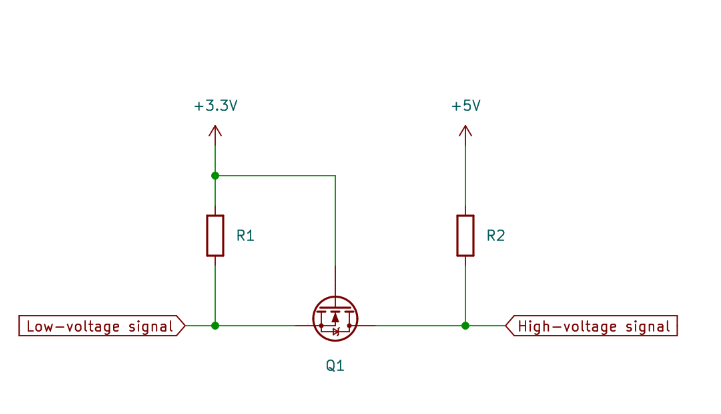 Figure 6: The bidirectional level shifter uses two MOSFETs. This works well for signals with pull-up resistors like I2C