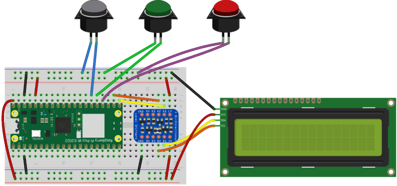 Figure 1: Wiring diagram for Raspberry Pi Pico, voltage level shifter, and LCD display 