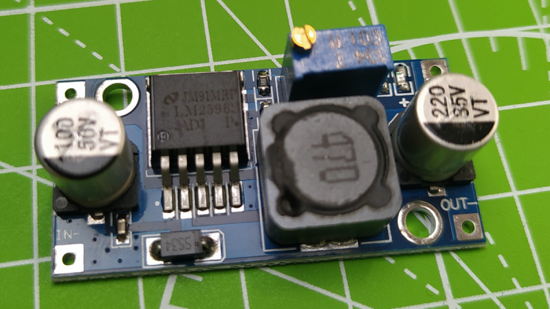 Figure 2: One of the commonest boards is this one that uses the LM2596 IC, and has a single trimming potentiometer to adjust the output voltage