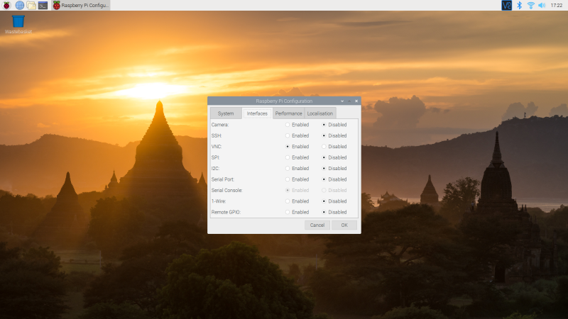 Screenshot of interfaces enabled in Raspbian