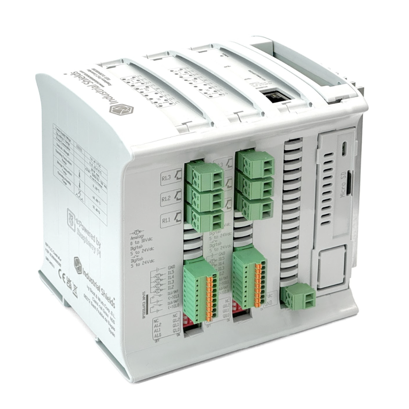 The left side of the PLC 38R features six more relay connections, opto-isolated analogue/digital inputs,
and dip switches