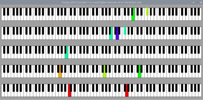 Five keyboards showing MIDI note messages being sent on different channels