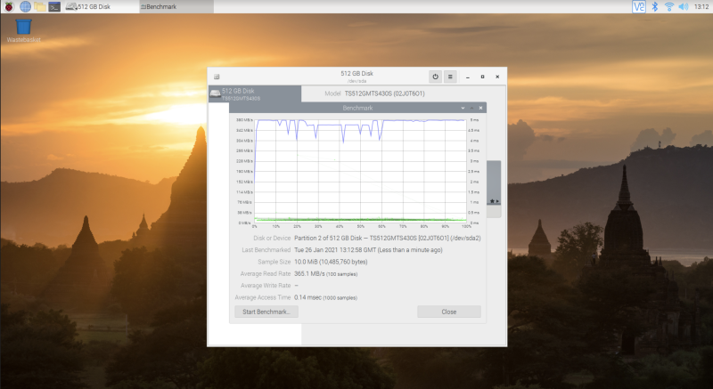 GNOME Disks running a benchmark test that shows the M.2 SSD drive running vastly faster than the microSD card