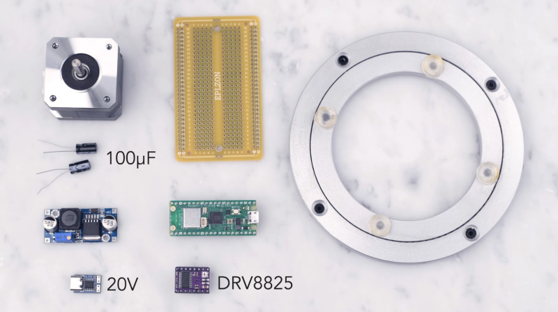 The components for the project include a motor driver board and 20V Power Delivery trigger to supply the power for the stepper motor