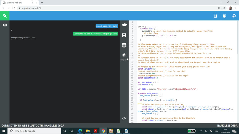 The Espruino IDE lets you upload code, interact with the serial console, and pull data off the watch