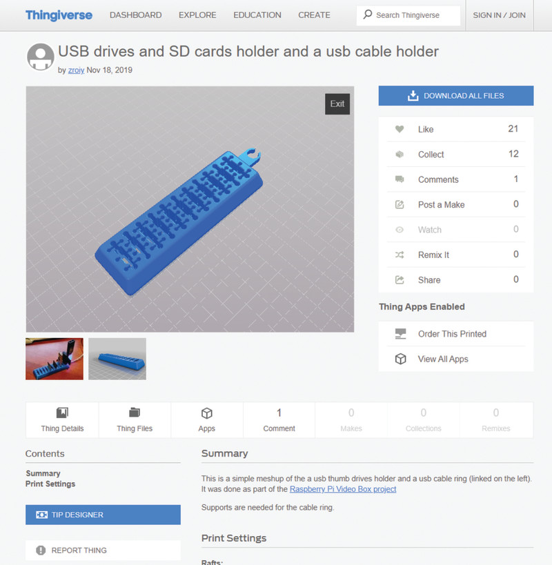 The 3D-printable files for the USB and SD card rack for this project are available on Thingiverse