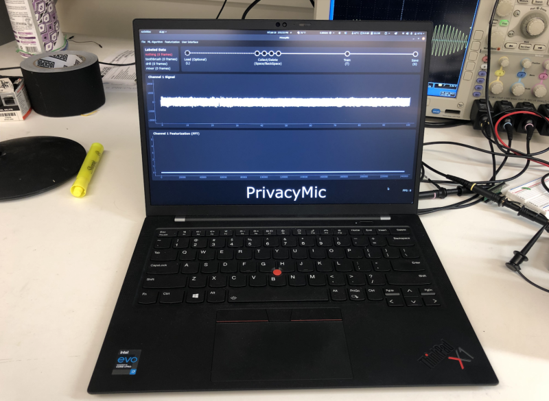 This laptop is running the team’s own open-source app T4Train which can connect to PrivacyMic and train a model on the spot using incoming data, or load a pre-trained model