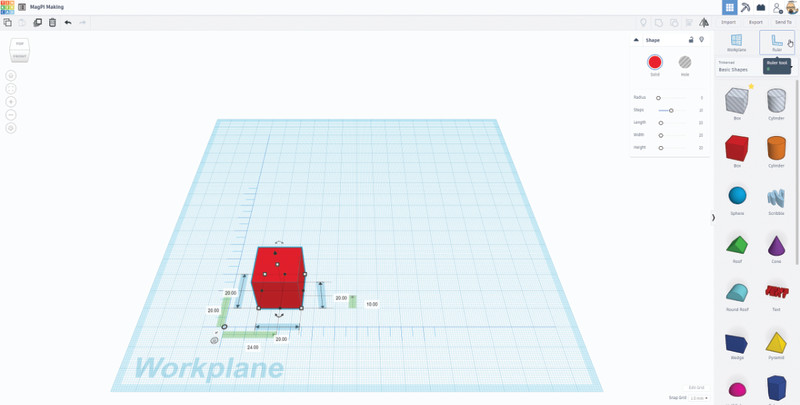 Use the ruler tool to enable precise sizing of objects in the workplane