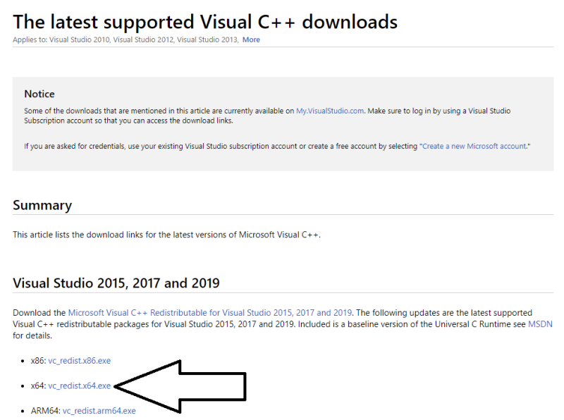 Figure 1 – It’s not immediately obvious where you need to click to download with Microsoft Visual 
C++ Redistributable