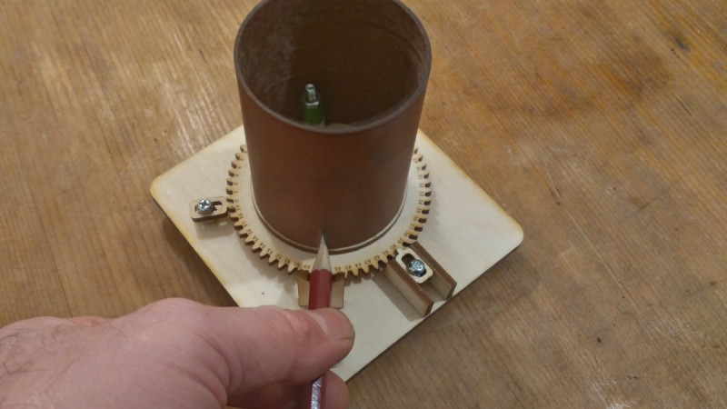 Figure 7: Using the laser-cut Longworth chuck indexer to rotate and mark tubes in equal divisions
