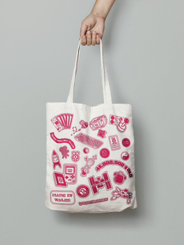 The official pop-up store tote bag has a fun look