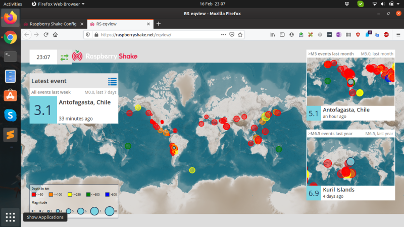 Raspberry Shake Earthquake View is used to track seismic activity detected by other users around the world