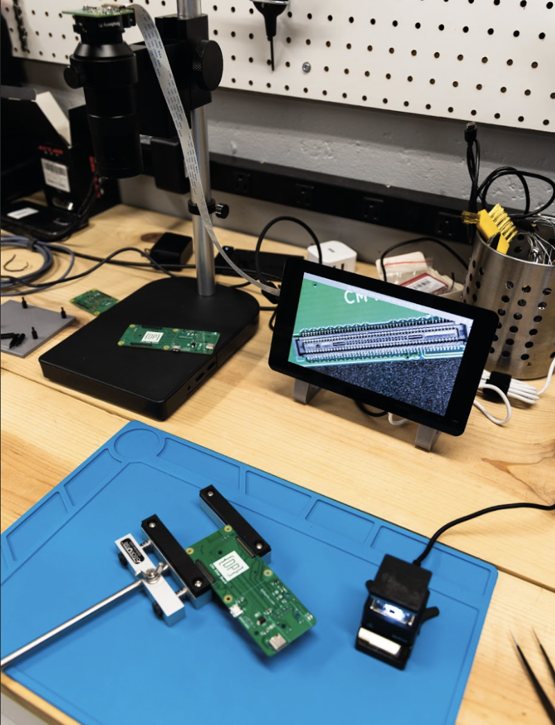 A Raspberry Pi Camera Module zooms in on André’s soldering efforts