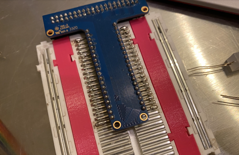 The T-connector is underpinned – soldered to the bottom of the breadboard to save space