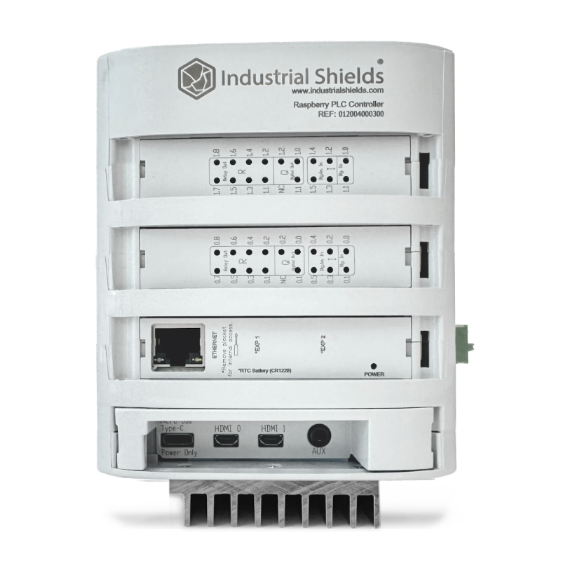 The front of the unit features status LEDs, an extra Ethernet port, and access to Raspberry Pi 4’s power and micro-HDMI ports, plus 3.5mm AV jack