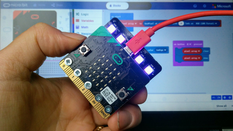 We like how the build instructions get you programming throughout the build. Here, we are testing the board is connected correctly, and learning how to program the RGB LED lights