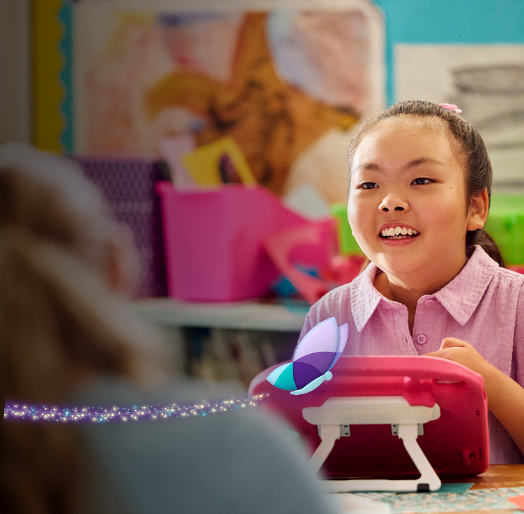 Kate, age 9, living with Rett syndrome, being shown a sparkler by her mom and dad. The light makes a circle around Kate
