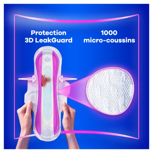 La protection 3D LeakGuard sur les côtés de la serviette et un zoom sur les 1000 micro-coussins