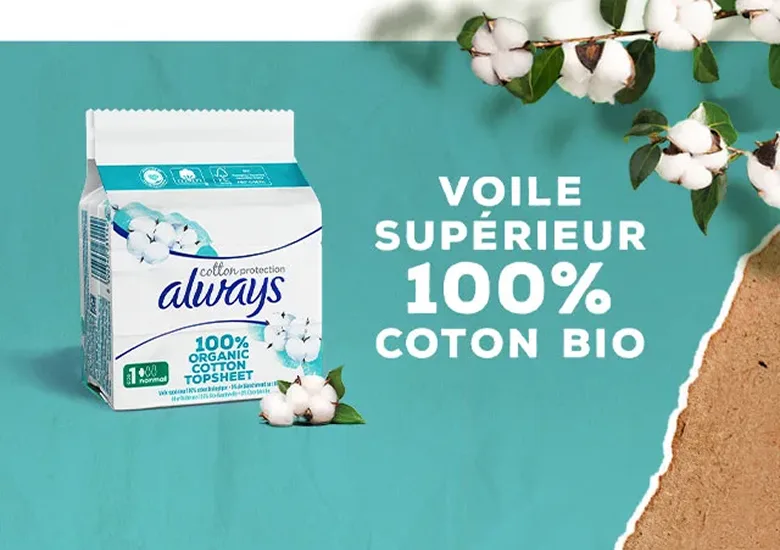 Serviettes hygiéniques Always Cotton Protection avec un voile supérieur 100% coton biologique. Maintenant dans emballage en papier 100% recyclable.