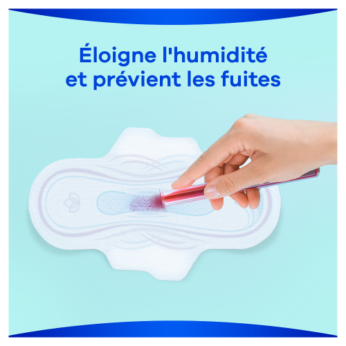 La technologie AntiFuites dans la serviette hygiénique avec ailettes Always Ultra retient l'humidité et aide à prévenir les fuites