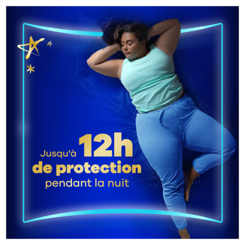 Femme dormant sur le dos avec 12h de protection la nuit grâce à sa serviette Ultra la taille 5