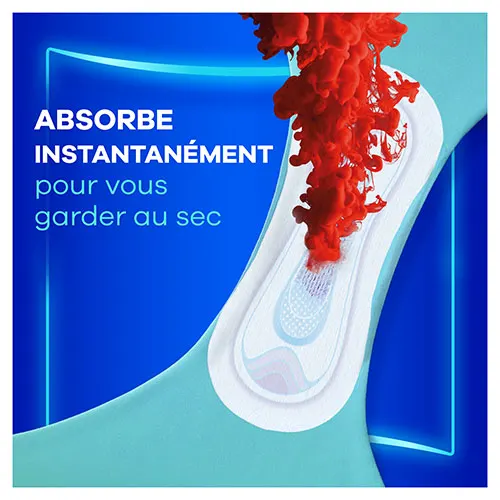 Serviette menstruelle Always Ultra absorbant un liquide rouge avec texte « absorbe instantanément pour vous garder au sec »