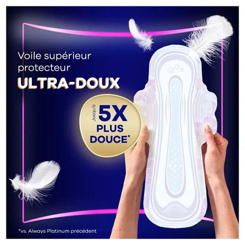 Mains tenant une serviette et texte : "Voile supérieur protecteur ultra-doux".