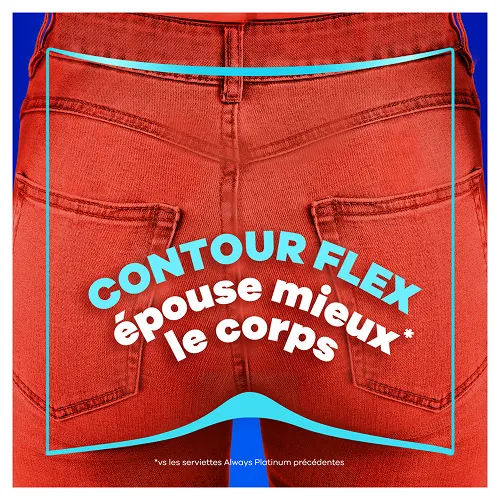 Un jean rouge ajusté illustrant la caractéristique Platinum "Contour Flex épouse mieux le corps"