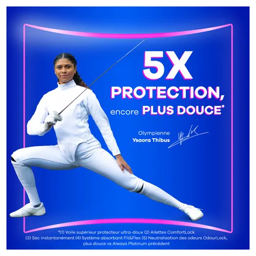 Olympienne en tenue de sport et texte "5X protection, plus douce vs. l'ancien produit"