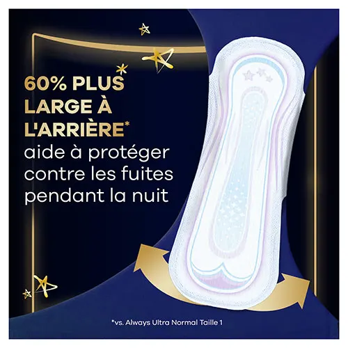 Serviette menstruelle de nuit avec ailettes Always Ultra avec flèches pointant vers les côtés pour montrer que l'arrière est 60% plus large