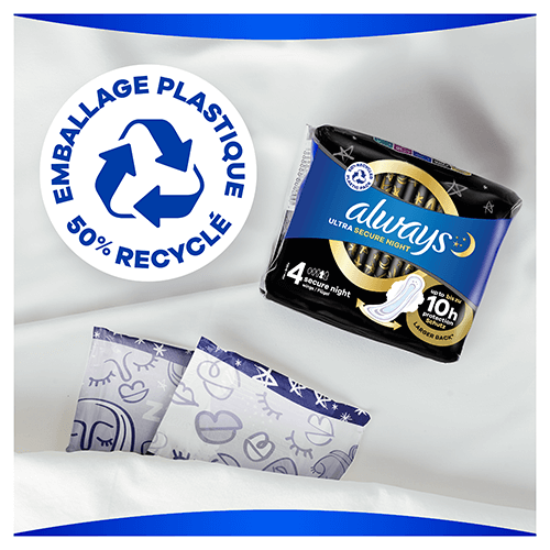 L'emballage des serviettes hygiéniques avec ailettes Always Ultra Secure Night fait à 50% de plastique recyclé