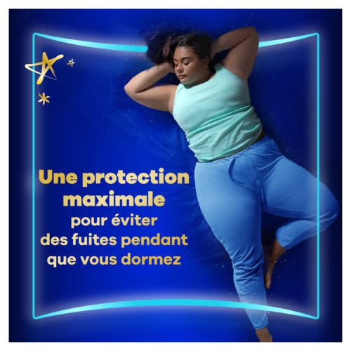 Femme dormant sur le dos avec une protection maximale pendant la nuit grâce à sa serviette taille 6