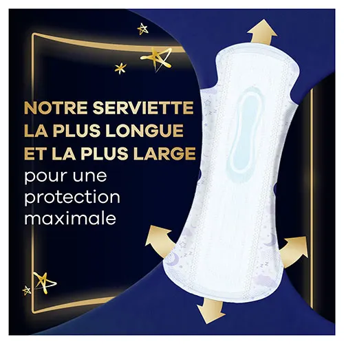 Serviette menstruelle de nuit avec ailettes Always Ultimate Night  entourée de flèches avec texte « La serviette Always la plus longue et la plus large »