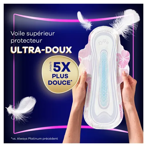 Mains tenant une serviette et texte : "Voile supérieur protecteur ultra-doux".