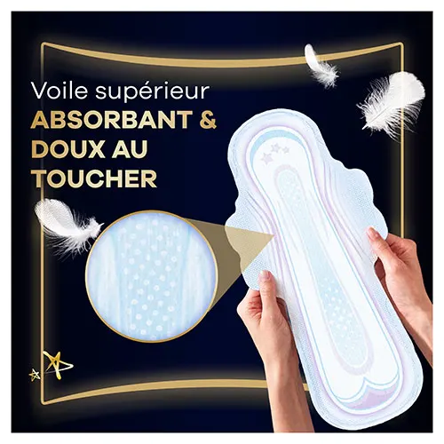 Mains tenant une serviette menstruelle de nuit avec ailettes Always Ultra avec une loupe montrant le voile supérieur absorbant et doux au toucher