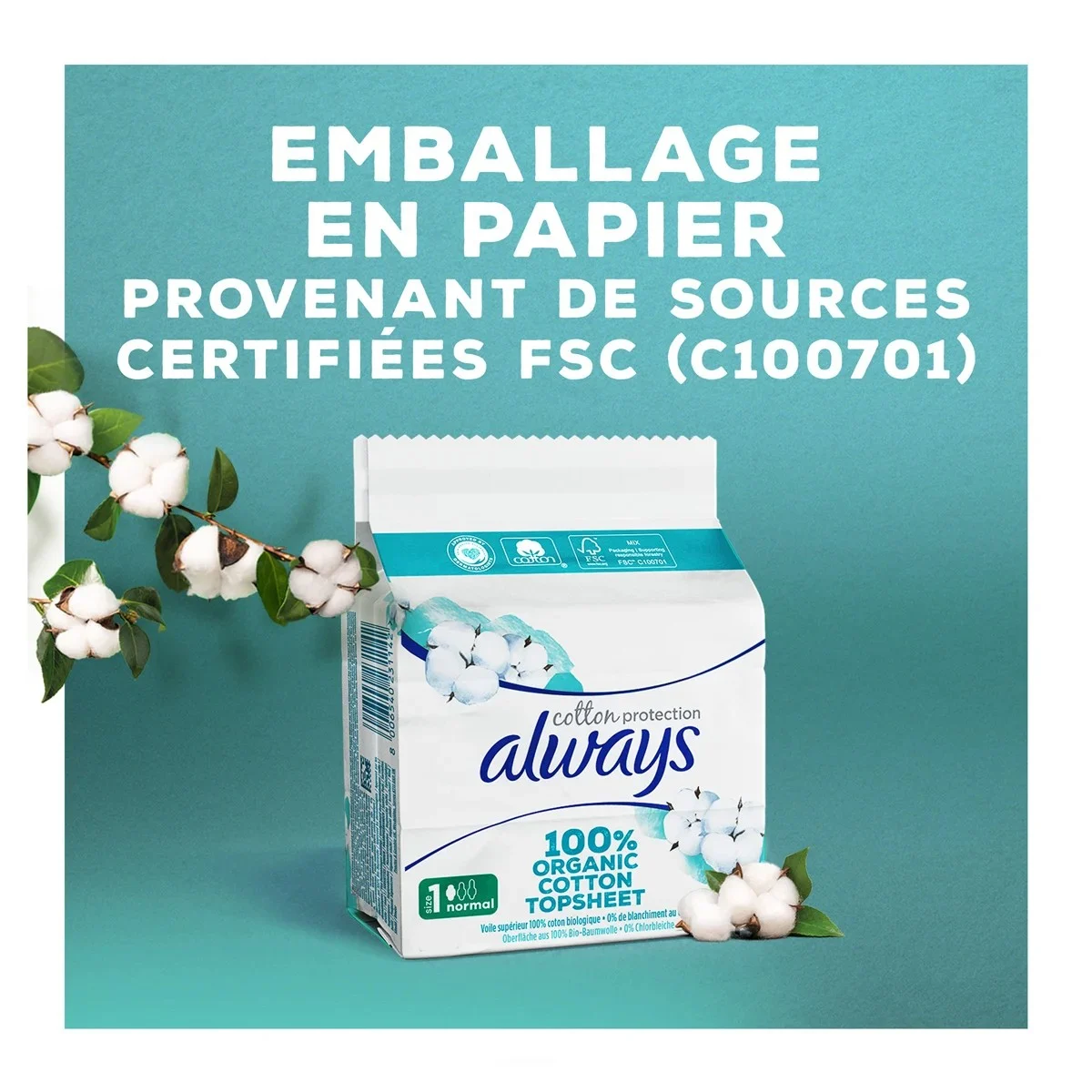 Les emballages en papier Always Cotton Protection sont fabriqués à partir de sources certifiées FSC.