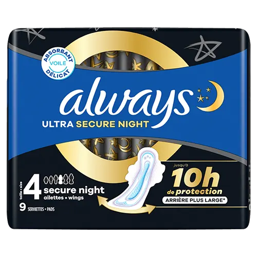 Always Ultra Secure Night (Taille 4) serviettes menstruelles de nuit avec ailettes 9ct